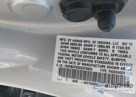 2012 Honda Civic Lx z USA, uszkodzony, nr VIN 19XFB2F50CE070922